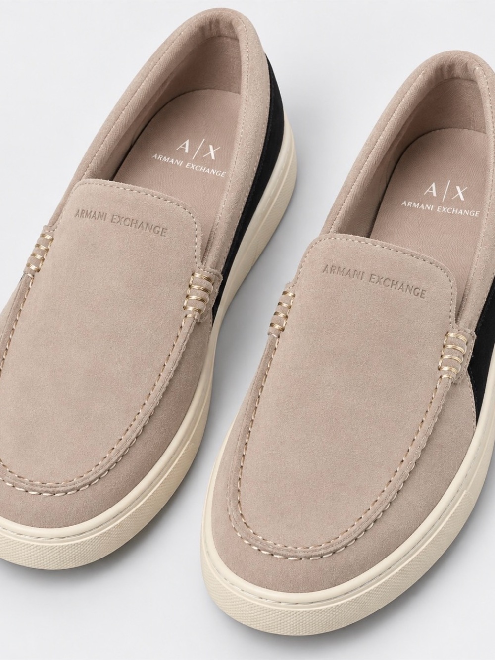 Armani Exchange Men’s Slip-On Sneaker in Beige and Brown with White Sole